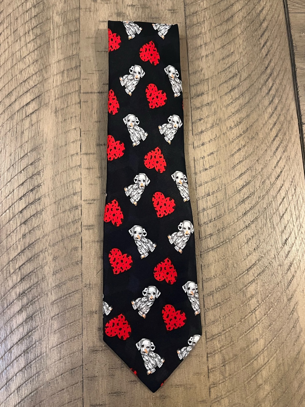 Black Tie with White Dog and Red Heart Print